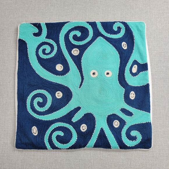 Pottery Barn Kids Pillowcase 16x16 Blue Beaded Octopus Embroidered Cotton Square - Picture 1 of 15